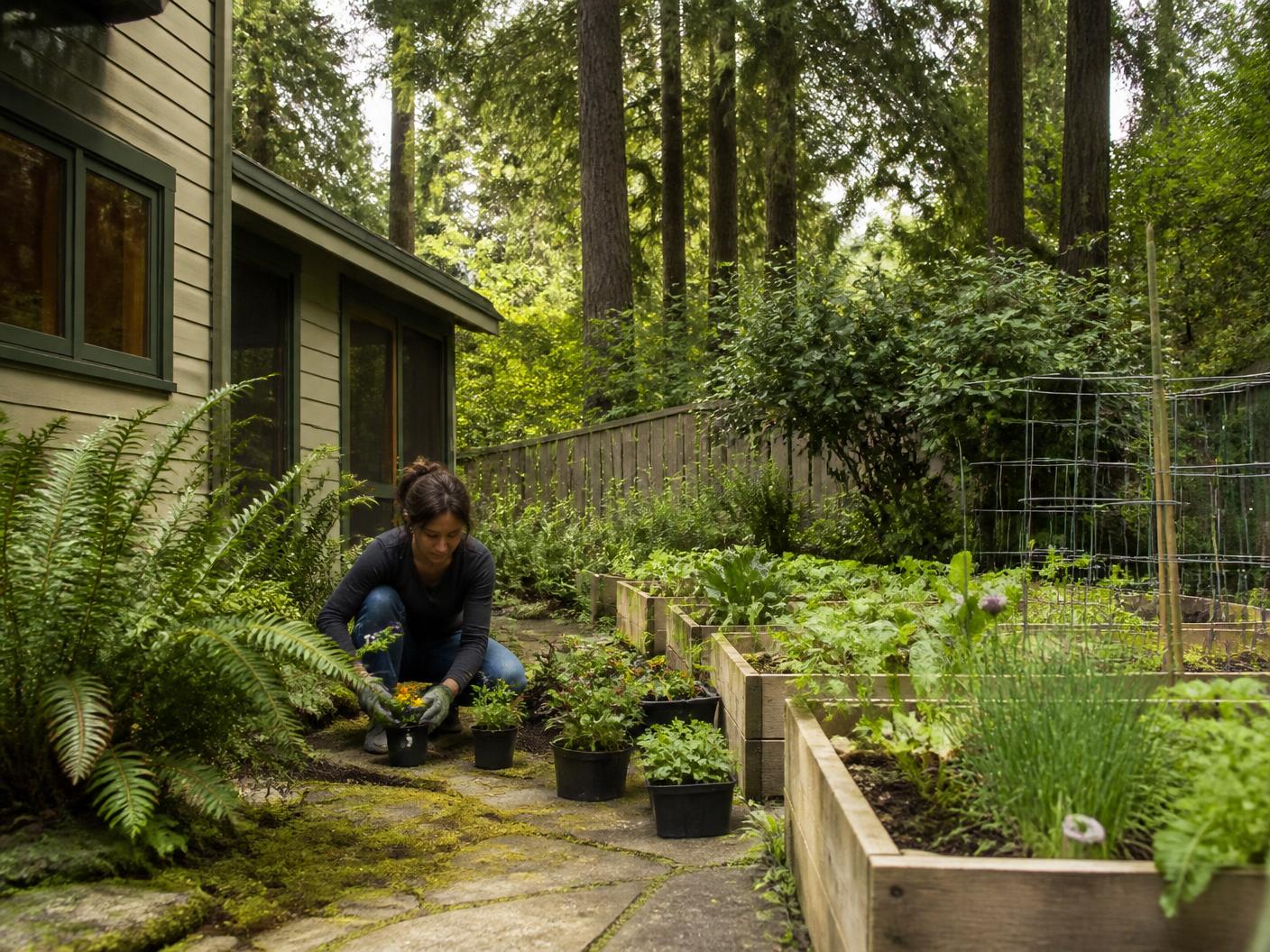 Backyard garden beds and ferns beside the Aeternum home, with tall Oregon evergreens behind