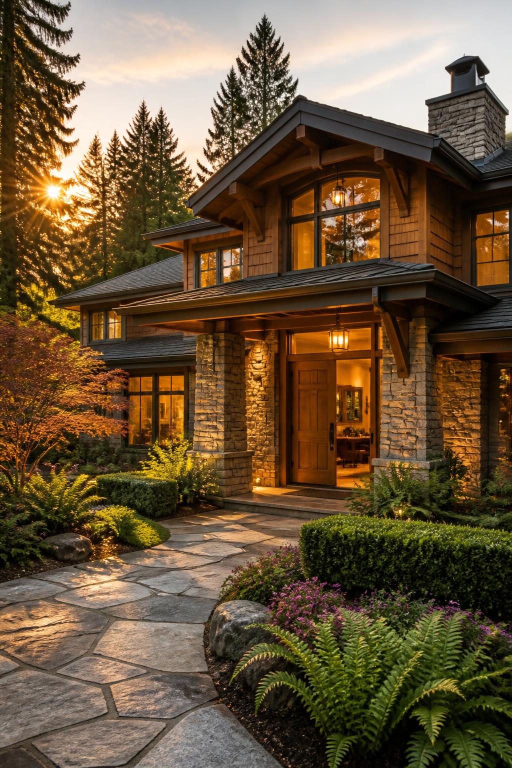 Upscale residential home with a warmly lit welcoming entrance, stone path and landscaped grounds in evening sunlight