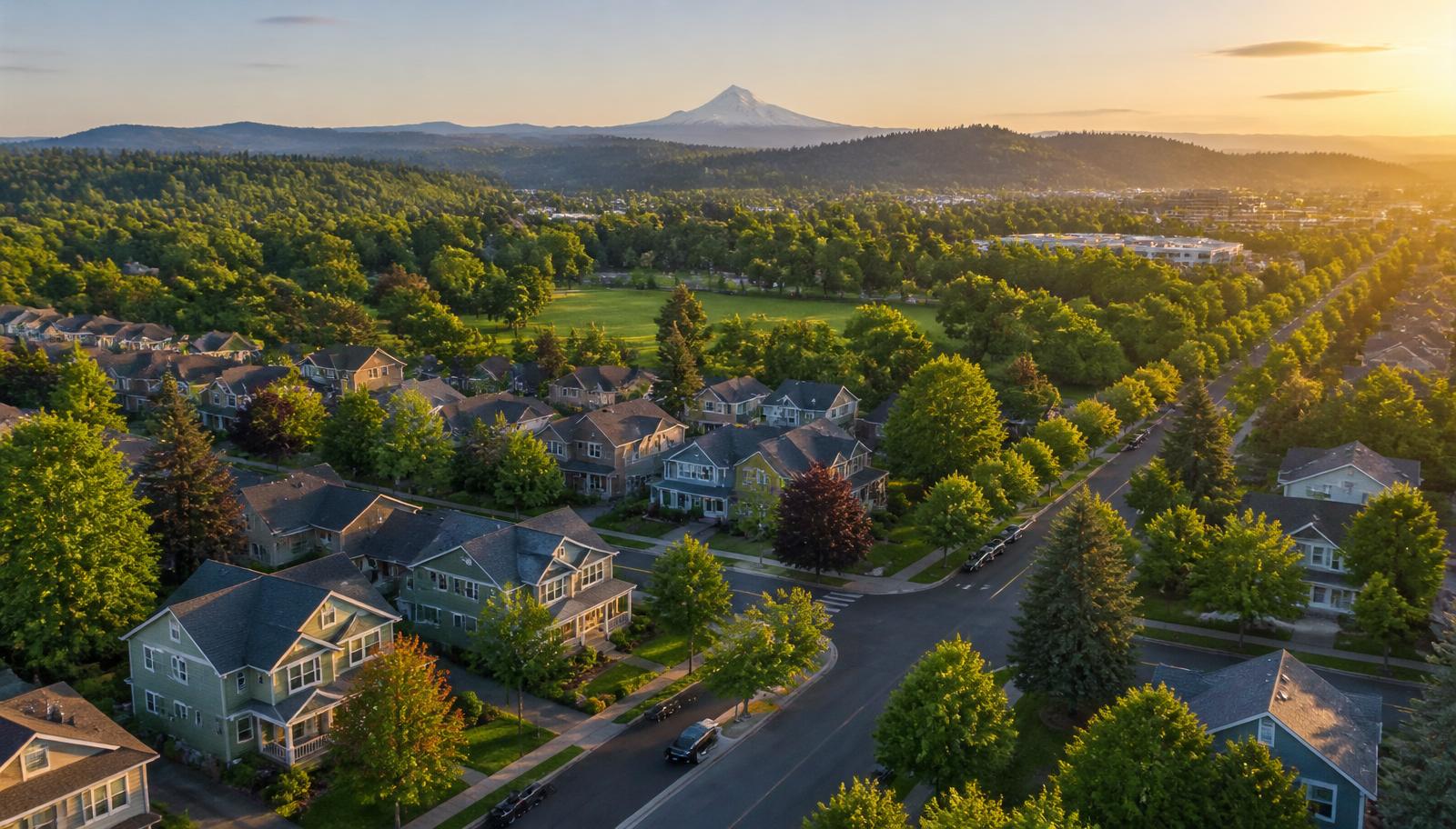 Aerial view of a leafy Hillsboro neighborhood with parks and forested hills at sunset